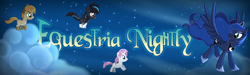 Size: 1000x300 | Tagged: safe, derpibooru import, baby moondancer, princess luna, oc, oc:gari, oc:magpie, 2013, banner, children of the night, equestria daily, nostalgia