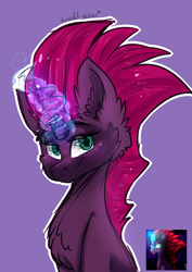 Size: 2149x3035 | Tagged: safe, artist:krissstudios, derpibooru import, tempest shadow, pony, unicorn, broken horn, bust, chest fluff, ear fluff, ears, female, horn, looking at you, magic, mare, portrait, purple background, signature, simple background, solo