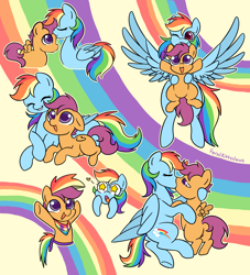 Size: 3000x3300 | Tagged: safe, artist:feralkittyclawz, derpibooru import, rainbow dash, scootaloo, pegasus, pony, g4, age difference, butt, clothes, cute, eyes closed, fake hair, fake tail, female, filly, floating heart, foal, folded wings, forehead kiss, grin, grooming, heart, kiss on the lips, kissing, lesbian, lying down, mare, one eye closed, open mouth, open smile, plot, prone, rainbow, rainbow background, raised hooves, scarf, scootadash, shipping, signature, smiling, spread wings, starry eyes, tail, underage, underhoof, wingding eyes, wings