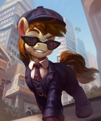 Size: 1920x2300 | Tagged: safe, artist:jewellier, derpibooru import, oc, oc only, oc:apple vodka, earth pony, pony, button-up shirt, city, clothes, cyrillic, earth pony oc, gta 5, hat, jewelry, necktie, peaky blinders, shirt, smiling, solo, suit, sunglasses