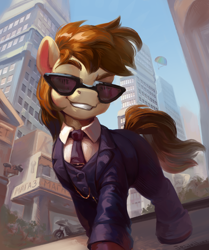 Size: 1920x2300 | Tagged: safe, alternate version, artist:jewellier, derpibooru import, oc, oc only, oc:apple vodka, earth pony, pony, button-up shirt, city, clothes, cyrillic, earth pony oc, gta 5, jewelry, necktie, peaky blinders, shirt, smiling, solo, suit, sunglasses