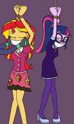 Size: 1080x1801 | Tagged: safe, artist:bugssonicx, derpibooru import, sci-twi, sunset shimmer, twilight sparkle, human, equestria girls, bondage, bound and gagged, captured, cloth gag, clothes, dress, duo, duo female, female, gag, glasses, help us, humanized, kidnapped, knock out, sci-twi outfits, tied up