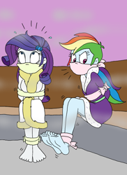 Size: 1092x1500 | Tagged: safe, artist:bugssonicx, derpibooru import, edit, rainbow dash, rarity, human, equestria girls, barefoot, bathrobe, bench, bondage, bound and gagged, cloth gag, clothes, cropped, dashsub, duo, duo female, feet, female, femsub, gag, help us, humanized, over the nose gag, rarisub, robe, sauna, soles, spa, steam room, submissive, tied up, toes, towel