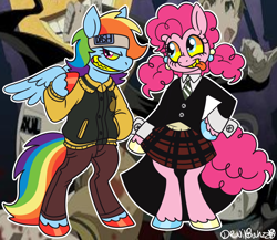 Size: 948x824 | Tagged: safe, artist:devilbunzz, derpibooru import, pinkie pie, rainbow dash, earth pony, pegasus, pony, bipedal, duo, maka, soul (soul eater), soul eater