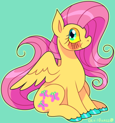 Size: 640x684 | Tagged: safe, artist:devilbunzz, derpibooru import, fluttershy, pegasus, pony, blushing, colored sclera, simple background, sitting, solo, teal background, yellow sclera