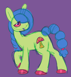 Size: 1029x1125 | Tagged: safe, artist:devilbunzz, derpibooru import, earth pony, pony, blue mane, braid, braided ponytail, braided tail, colored hooves, green coat, ponytail, purple background, red eyes, simple background, solo, tail