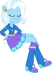 Size: 749x1048 | Tagged: safe, artist:dustinwatsongkx, derpibooru import, trixie, equestria girls, boots, clothes, high heel boots, hoodie, ponied up, shirt, shoes, simple background, sitting, skirt, solo, transparent background