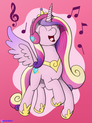 Size: 1500x1995 | Tagged: safe, artist:passionpanther, derpibooru import, princess cadance, alicorn, pony, series:ponies with headphones, flying, headphones, music notes, pink background, simple background, solo