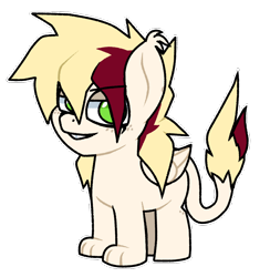 Size: 1090x1117 | Tagged: safe, artist:yamston, derpibooru import, oc, oc only, oc:bagel drop, hybrid, pony, sphinx, fanfic:living the dream, 2023, bucktooth, colt, fanfic art, foal, freckles, green eyes, hybrid oc, male, messy mane, parent:oc:duchess gelt, parent:oc:leon leopold, simple background, solo, sphinx oc, tail, transparent background, two toned mane, wings