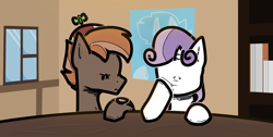 Size: 1534x772 | Tagged: safe, artist:xtsij, derpibooru import, apple bloom, button mash, scootaloo, sweetie belle, earth pony, unicorn, g4, background character, cutie mark crusaders, duo, faic, female, foal, male, sitting, table, waiting, watch, window, woll smoth, wristwatch