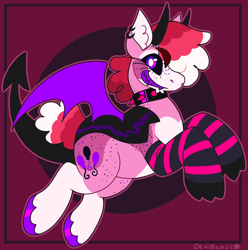 Size: 926x934 | Tagged: safe, artist:devilbunzz, derpibooru import, oc, oc only, bat pony, pony, bat pony oc, clothes, devil tail, fangs, kinsona, ponysona, socks, solo, striped socks, tail