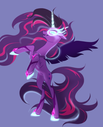 Size: 2480x3058 | Tagged: safe, artist:nightglowfan, derpibooru import, midnight sparkle, twilight sparkle, alicorn, pony, equestria girls, belly, concave belly, equestria girls ponified, female, glowing, glowing eyes, hoof shoes, long legs, long mane, long tail, mare, ponified, princess shoes, rearing, simple background, slim, solo, species swap, tail, tall, thin