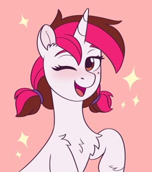 Size: 1909x2160 | Tagged: safe, artist:skysorbett, derpibooru import, oc, oc:vetta, pony, unicorn, chest fluff, female, looking at you, mare, mole, open mouth, raised hoof, raised leg, simple background, smiling, smiling at you, solo, sparkles