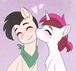 Size: 1564x1458 | Tagged: safe, artist:skysorbett, derpibooru import, oc, oc only, oc:kosh, oc:vetta, earth pony, pony, unicorn, bandana, couple, duo, eyes closed, family, kiss on the cheek, kissing, mole, pair, ponytail, simple background