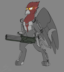 Size: 1913x2146 | Tagged: safe, artist:somber, derpibooru import, oc, oc only, griffon, female, gun, solo, weapon