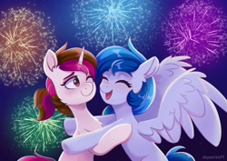 Size: 1754x1240 | Tagged: safe, artist:skysorbett, derpibooru import, oc, oc:vetta, pegasus, pony, unicorn, chest fluff, duo, eyes closed, female, fireworks, happy, hug, mare, night, open mouth, ponytail, smiling