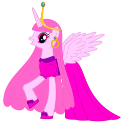 Size: 2556x2568 | Tagged: safe, artist:nathaniel718, derpibooru import, alicorn, pony, g4, adventure time, cartoon network, clothes, crown, dress, ear piercing, earring, female, hooves, jewelry, looking at you, mare, nergal and princess bubblegum, piercing, ponified, princess bubblegum, regalia, shoes, simple background, solo, species swap, white background