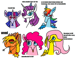 Size: 1017x793 | Tagged: safe, artist:devilbunzz, derpibooru import, applejack, fluttershy, pinkie pie, rainbow dash, rarity, twilight sparkle, earth pony, pegasus, pony, unicorn, bisexual, female, fujoshi, implied drugs, mane six, simple background, trans female, transgender, transmasculine, unicorn beard, white background