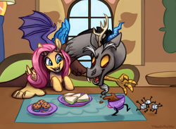 Size: 1024x748 | Tagged: safe, artist:t0byinthesky, derpibooru import, discord, fluttershy, draconequus, pegasus, pony, cup, cute, female, fluttershy's cottage, fluttershy's cottage (interior), food, male, mare, muffin, open mouth, open smile, sandwich, shyabetes, signature, smiling, sugarcube, tea party, teacup