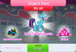 Size: 1267x860 | Tagged: safe, derpibooru import, twilight sparkle, pony, unicorn, bundle, bush, costs real money, english, female, gameloft, gem, horn, mare, mobile game, my little pony: magic princess, numbers, official, sale, solo, spaceship, spacesuit, text