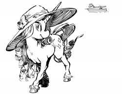 Size: 1274x986 | Tagged: safe, artist:gordoleeno, derpibooru import, applejack, fluttershy, pinkie pie, rainbow dash, rarity, twilight sparkle, pony, unicorn, black and white, clothes swap, crossed hooves, curly hair, curly mane, graceful, grayscale, hat, lace, looking at you, mane six, monochrome, profile, quadrupedal, simple background, smiling, solo, white background