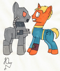 Size: 1349x1602 | Tagged: safe, artist:yusik jerovich, derpibooru import, oc, oc only, oc:eustace smith, oc:юстас смит, earth pony, pony, unicorn, fallout equestria, duo, fallout, fallout: new vegas, steel ranger, traditional art