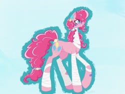 Size: 2048x1536 | Tagged: safe, artist:m3tavyx, derpibooru import, pinkie pie, earth pony, pony, bandage, bandaid, bandaid on nose, blue background, concave belly, ear piercing, earring, face paint, female, grin, jewelry, long legs, long neck, mare, piercing, simple background, smiling, solo, tail, tail band, tail jewelry, tall