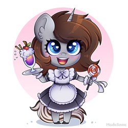 Size: 4000x4000 | Tagged: safe, artist:madelinne, derpibooru import, oc, oc only, anthro, unicorn, candy, chibi, clothes, cute, drink, food, heart, heart eyes, horn, lollipop, maid, solo, unicorn oc, wingding eyes