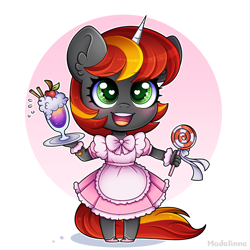 Size: 4000x4000 | Tagged: safe, artist:madelinne, derpibooru import, oc, oc only, oc:mysti inferno, anthro, unicorn, candy, chibi, clothes, crossdressing, cute, drink, food, heart, heart eyes, horn, lollipop, maid, solo, unicorn oc, wingding eyes