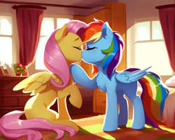 Size: 960x768 | Tagged: safe, ai content, derpibooru import, editor:nightluna, generator:purplesmart.ai, generator:stable diffusion, machine learning generated, fluttershy, rainbow dash, pegasus, pony, bed, carpet, chest fluff, curtains, cute, duo, eyes closed, female, flutterdash, indoors, kissing, lesbian, mare, missing cutie mark, prompter:nightluna, raised hoof, raised leg, room, shipping, sitting, standing, sunlight, vase, window