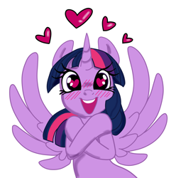 Size: 1660x1674 | Tagged: safe, artist:sorcerushorserus, color edit, derpibooru import, edit, twilight sparkle, twilight sparkle (alicorn), alicorn, pony, g4, blushing, colored, crossed hooves, cute, daaaaaaaaaaaw, female, floating heart, happy, heart, heart eyes, looking at you, mare, open mouth, open smile, simple background, smiling, solo, spread wings, twiabetes, white background, wingding eyes, wings