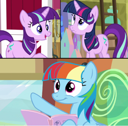 Size: 1388x1364 | Tagged: safe, derpibooru import, edit, edited screencap, screencap, rainbow dash, starlight glimmer, a matter of principals, harvesting memories, the lost treasure of griffonstone, spoiler:harvesting memories, friendship express, ladder, locomotive, manebow sparkle, screen, starlight sparkle, steam locomotive, train