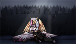 Size: 4500x2600 | Tagged: artist needed, safe, derpibooru import, fluttershy, oc, oc:light knight, pegasus, armor, blood, christianity, clothes, crowd, jesus christ, light, military, military uniform, music video, nun, pieta, reference, shadow, telling lies, uniform