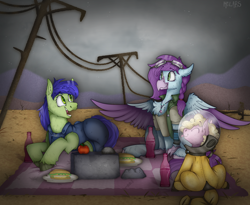 Size: 2800x2300 | Tagged: safe, artist:molars, derpibooru import, oc, oc:aella breeze, oc:puppysmiles, oc:scotch tape, earth pony, hippogriff, pony, fallout equestria, claws, drink, female, filly, foal, food, goggles, green fur, helmet, picnic, pink fur, radiation suit, rock, sandwich, scenery, smiling, spread wings, unshorn fetlocks, wasteland, wings