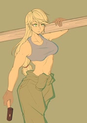 Size: 818x1158 | Tagged: safe, artist:doktor-d, derpibooru import, applejack, human, equestria girls, applejacked, applerack, belly button, breasts, carrying, clothes, female, gloves, green background, hammer, midriff, muscles, shoulder carry, simple background, solo