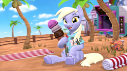 Size: 3840x2160 | Tagged: safe, artist:owlpirate, derpibooru import, derpy hooves, pegasus, pony, 3d, 4k, beach, clothes, cute, derpabetes, female, hawaiian shirt, high res, hoof hold, ice cream cone, looking at you, mare, open mouth, open smile, palm tree, shirt, sitting, smiling, smiling at you, solo, source filmmaker, summer, tree, underhoof