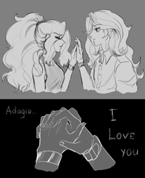 Size: 2988x3679 | Tagged: safe, artist:daazzlin, derpibooru import, adagio dazzle, sunset shimmer, equestria girls, duo, female, grayscale, lesbian, monochrome, shipping, sunsagio