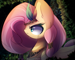 Size: 2500x2000 | Tagged: safe, artist:miryelis, derpibooru import, fluttershy, pegasus, pony, accessory, bandana, big ears, ears, feather, forest, forest background, long hair, makeup, serious, signature, solo, tattoo