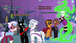 Size: 1280x720 | Tagged: safe, artist:askmerriweatherauthor, derpibooru import, diamond tiara, fili-second, humdrum, mane-iac, masked matter-horn, silver spoon, oc, oc:meadow lark, oc:merriweather, oc:rusty nail, oc:techno wizard, ask merriweather, clothes, costume, humdrum (character), nightmare night costume, power ponies