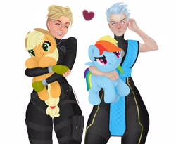 Size: 2048x1676 | Tagged: safe, artist:perss1mm0n, derpibooru import, applejack, rainbow dash, earth pony, human, pegasus, pony, applejack's hat, armor, blushing, cassie cage, clothes, cowboy hat, crossover, duo, female, fingerless gloves, frost (mortal kombat), gloves, grin, hat, heart, hug, lesbian, mare, mortal kombat, mortal kombat x, ninja, non-mlp shipping, pants, plushie, simple background, smiling, vest, white background