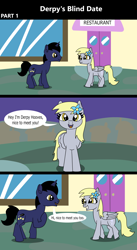 Size: 1920x3516 | Tagged: safe, artist:platinumdrop, derpibooru import, derpy hooves, oc, pegasus, pony, unicorn, comic:derpy's blind date, 3 panel comic, blind date, comic, commission, date, diner, excited, female, flower, flower in hair, happy, looking at you, male, mare, restaurant, smiling, speech, speech bubble, stallion, talking, wings