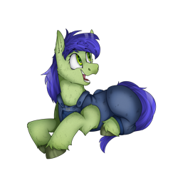 Size: 2500x2500 | Tagged: safe, artist:molars, derpibooru import, oc, oc only, oc:scotch tape, earth pony, dungarees, female, green eyes, green fur, lying down, mare, open mouth, smiling, solo, stable, stable-tec, unshorn fetlocks