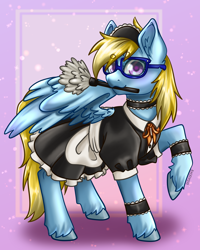 Size: 2160x2700 | Tagged: safe, artist:kooky, derpibooru import, oc, oc only, oc:cloud cuddler, pegasus, pony, clothes, duster, female, glasses, maid, mare, pegasus oc, purple background, simple background, wings