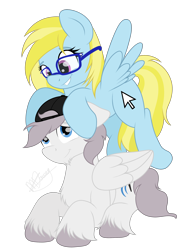 Size: 2048x2732 | Tagged: safe, artist:dawnshine, derpibooru import, oc, oc only, oc:cloud cuddler, oc:seleno, pegasus, cap, female, flying, glasses, hat, hug, male, mare, mouse cursor, pegasus oc, simple background, stallion, transparent background