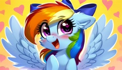 Size: 2688x1536 | Tagged: safe, ai content, derpibooru import, generator:pony diffusion v5, generator:stable diffusion, machine learning generated, rainbow dash, pegasus, pony, abstract background, bow, cute, dashabetes, floating heart, hair bow, heart, heart eyes, looking at you, open mouth, open smile, prompter:siber, smiling, smiling at you, solo, spread wings, wingding eyes, wings