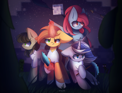 Size: 3000x2300 | Tagged: safe, artist:miryelis, derpibooru import, oc, oc only, oc:rainven wep, earth pony, pegasus, pony, unicorn, crossover, female, flying, gift art, long hair, magic, male, minecraft, monster, night, serious, sky, standing, weapon