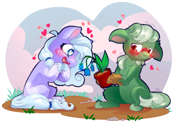 Size: 2813x1990 | Tagged: safe, artist:cutepencilcase, derpibooru import, oc, oc only, earth pony, pony, blushing, cute, duo, ears, floating heart, floppy ears, flower, happy, heart, heart eyes, ocbetes, open mouth, open smile, potted plant, simple background, smiling, transparent background, unshorn fetlocks, wingding eyes