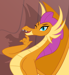 Size: 700x760 | Tagged: safe, artist:queencold, derpibooru import, smolder, dragon, dragoness, female, hand on chin, older, older smolder, one eye closed, shadow, solo, wink