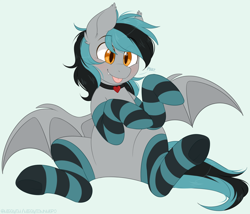 Size: 1000x854 | Tagged: safe, artist:higglytownhero, derpibooru import, oc, oc only, bat pony, pony, :p, bat pony oc, clothes, collar, green background, male, raised hooves, simple background, sitting, smiling, socks, solo, spread wings, stallion, striped socks, tongue, tongue out, wings