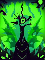 Size: 759x1000 | Tagged: safe, artist:devilbunzz, derpibooru import, queen chrysalis, changeling, changeling queen, creepy, green background, green eyes, simple background, spread wings, wide smile, wings